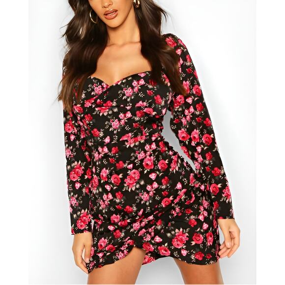 Boohoo Womens Dark Cottagecore Garden Party Floral‎ Sweetheart Neck Mini Dress 6 - Picture 1 of 10
